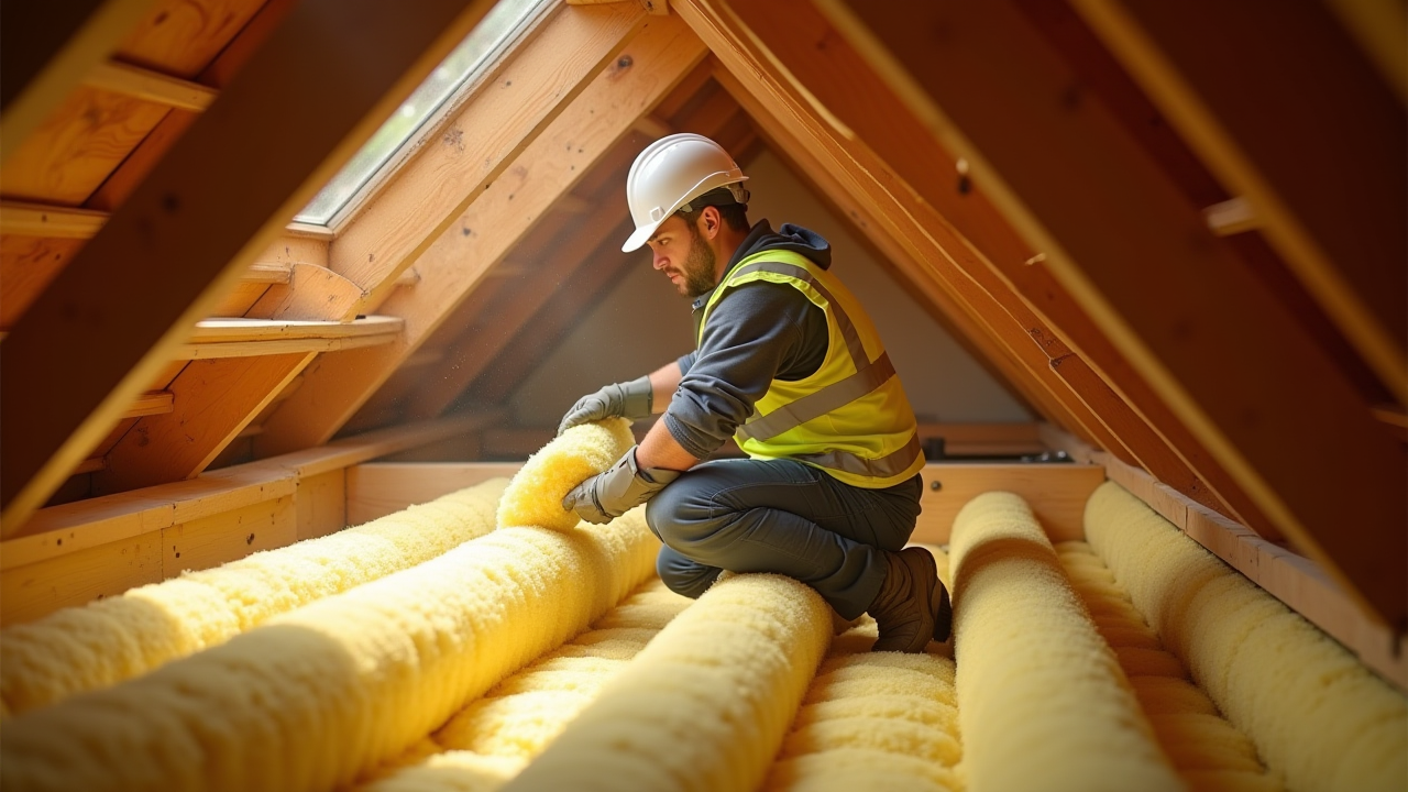 Artisan posant de l'isolation thermique dans une maison